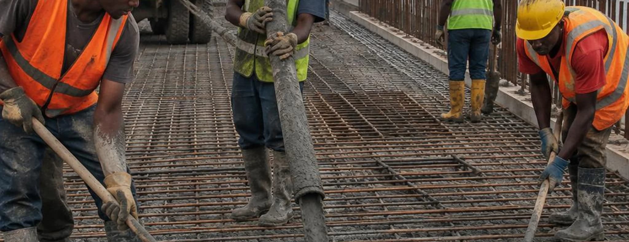 Construction workers working on a reinforced concrete structure